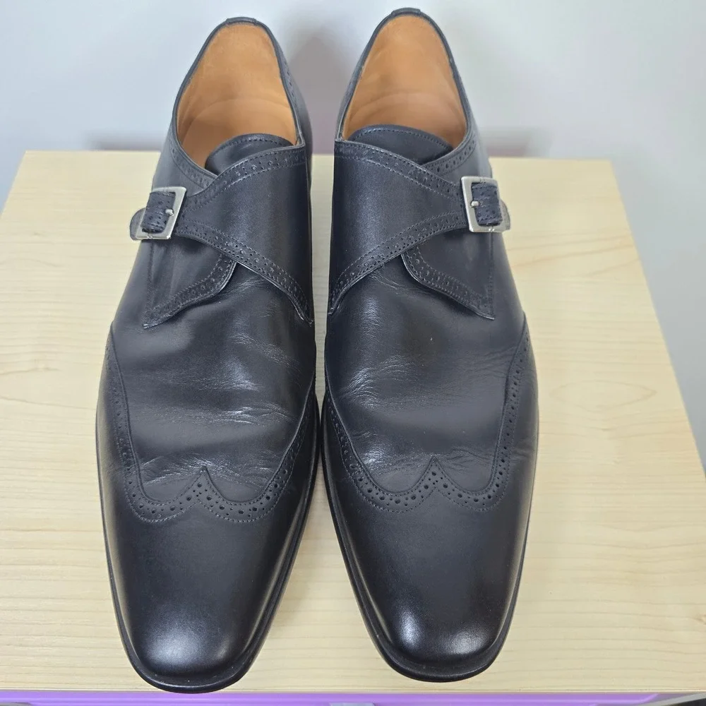 Mezlan Forest Black Leather Single Monk Strap Wingtip Dress Shoes Mens 12 M